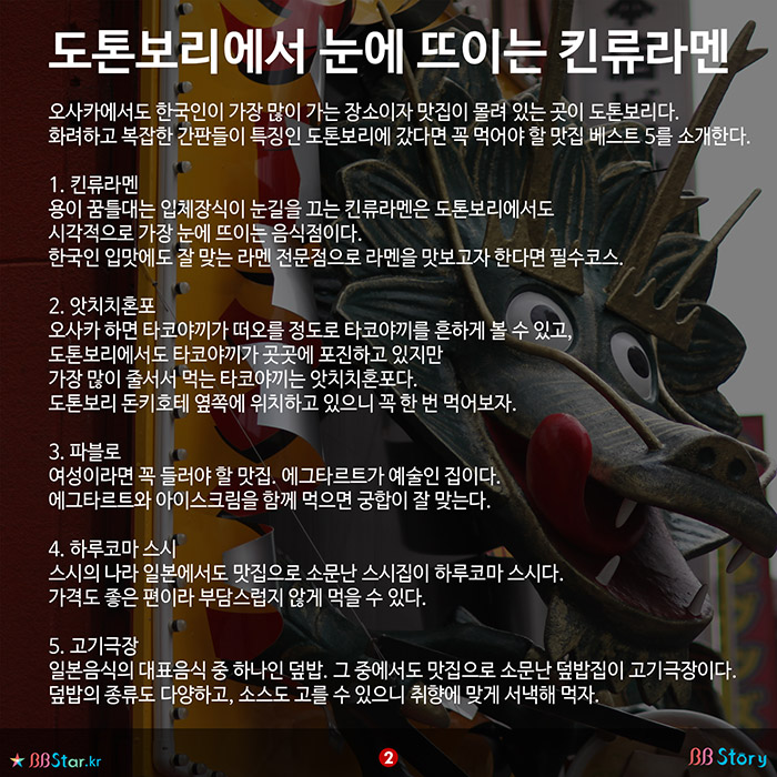 비비스토리, BBStory, 도톤보리에서 눈에 뜨이는 킨류라멘, 앗치치혼포, 하루코마 스시, 파블로, 고기극장