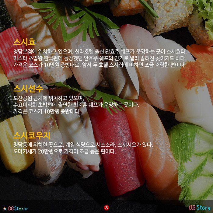 비비스토리, BBStory, 초밥집(스시) 베스트 5, 시스효, 스시선수, 스시코우지