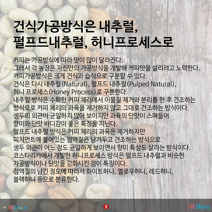 비비스토리, BBStory, 커피 가공방식 건식가공방식은 내추럴, 펄프드내추럴, 허니프로세스로