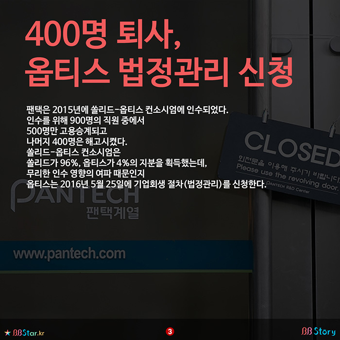 비비스토리, BBStory, 팬택 400명 퇴사, 옵티스 법정관리 신청