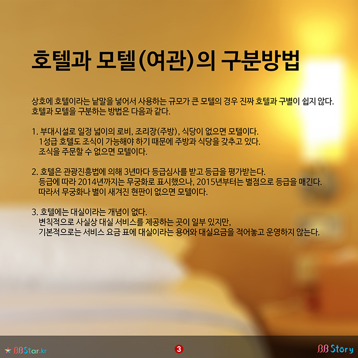 비비스토리, BBStory, 호텔과 모텔(여관)의 구분방법