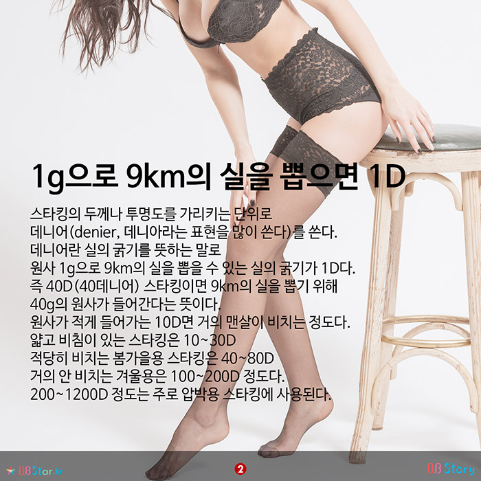 비비스토리, BBStory, 스타킹 두께나 불투명도를 뜻하는, 스타킹 데니어 뜻 1g으로 9km의 실을 뽑으면 1D